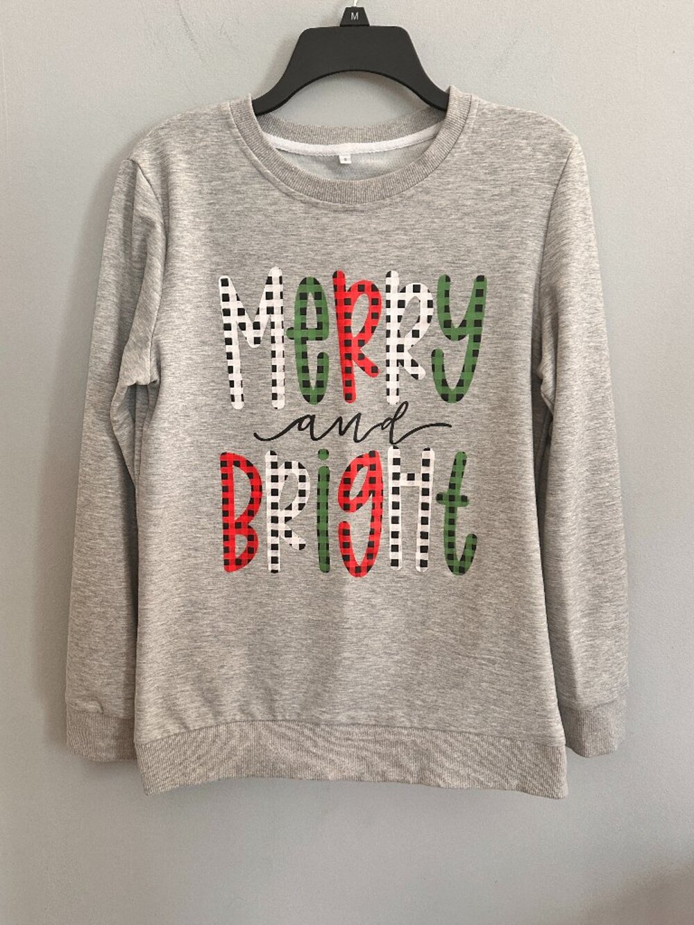 Merry & Bright Christmas Crewneck Sweatshirt Gray Buffalo Plaid Size S